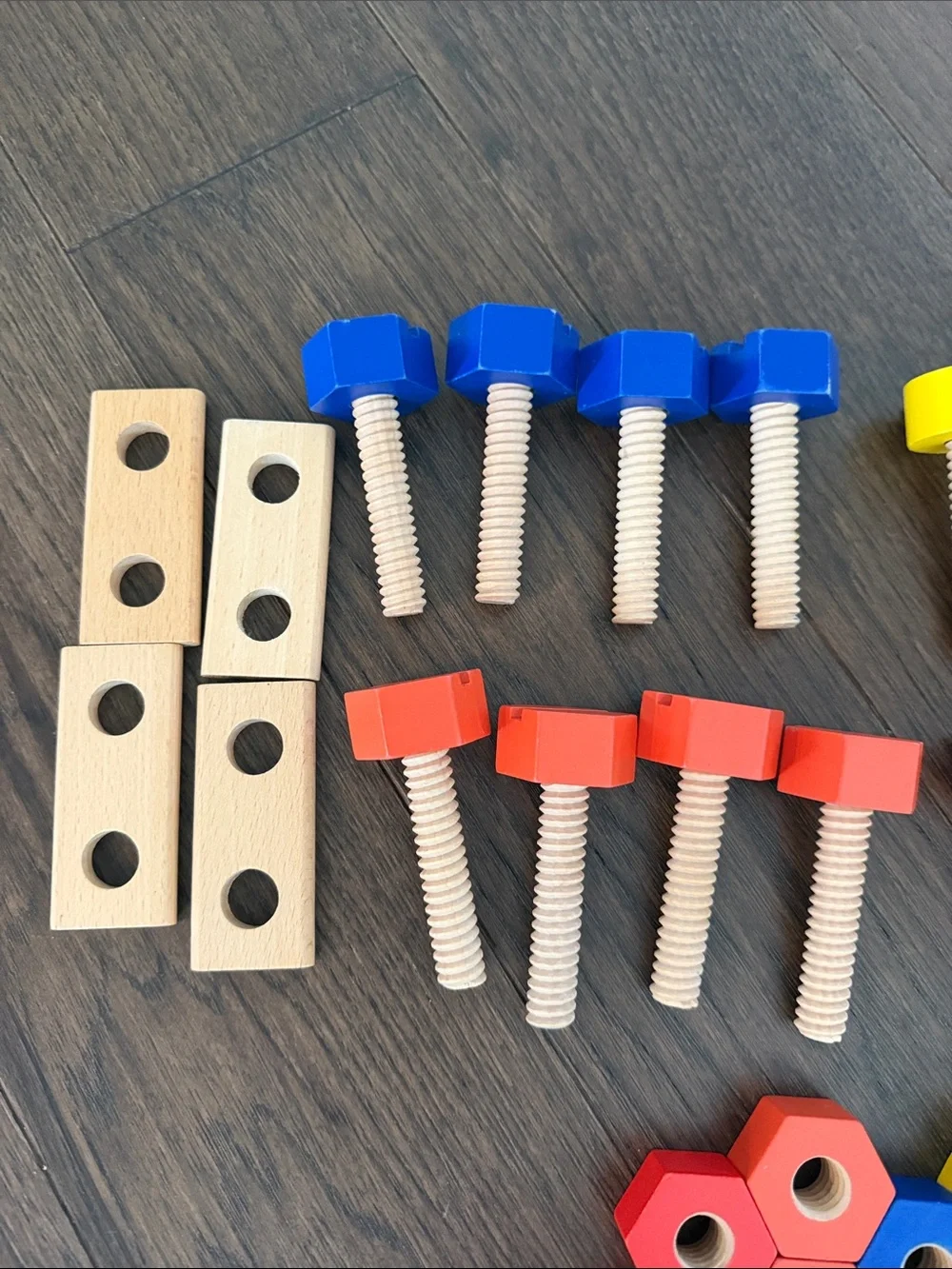Wooden Bolt and Nut Building Toy Set - Red, Blue, Yellow